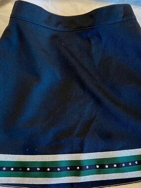 Varsity Black Mini Skirt with Green and Cream Striped Hem